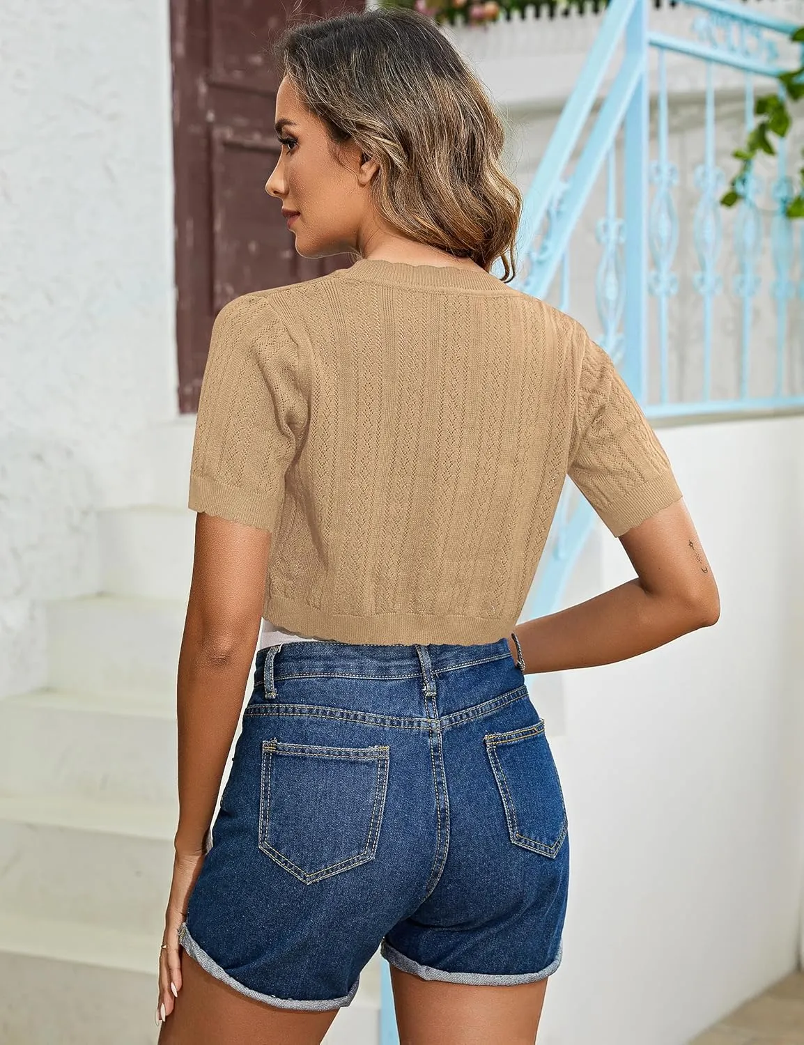 Totatuit Women's Short Sleeve Cropped Cardigan Open Front Bolero Shrugs for Dresses Crochet Button Down Sweaters