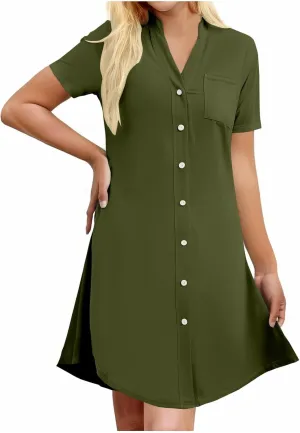 Tunic Dress for Women Button Down V Neck Short Sleeve Dresses Lounge Classic Pure T-Shirts Dress Outfits