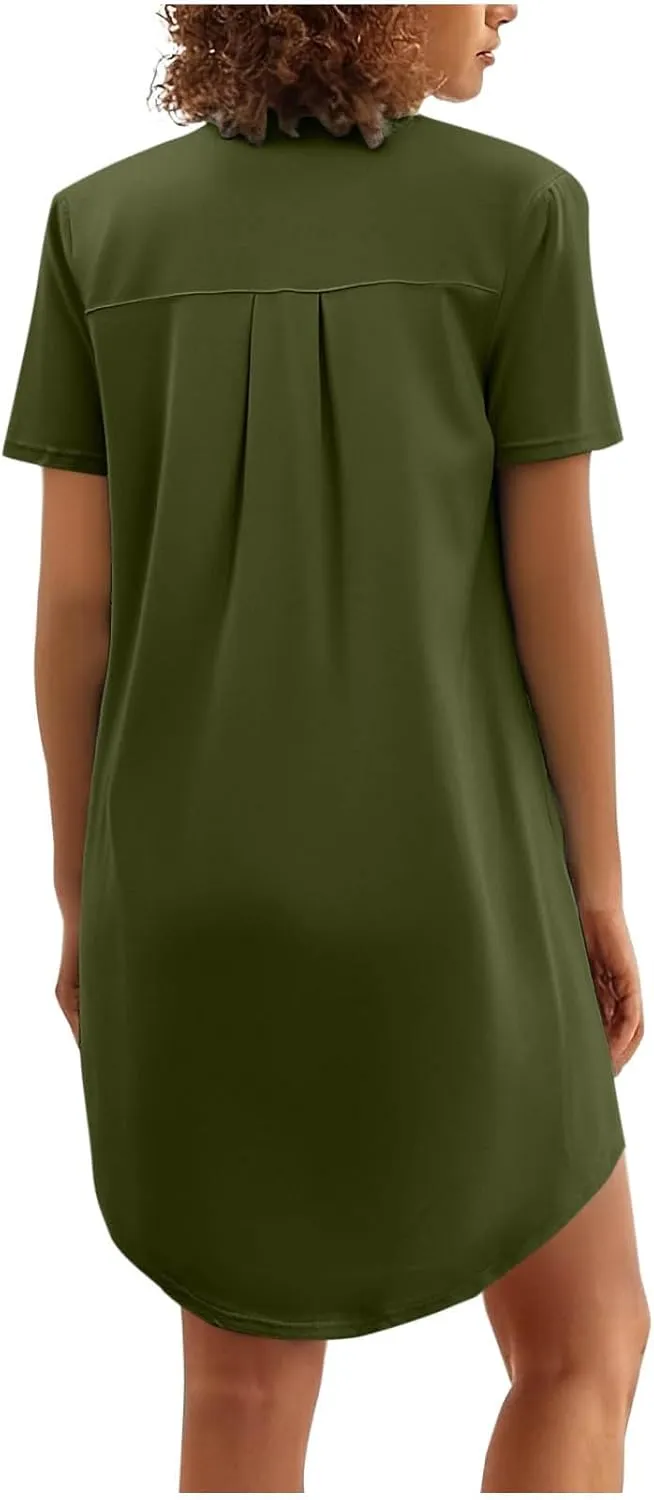Tunic Dress for Women Button Down V Neck Short Sleeve Dresses Lounge Classic Pure T-Shirts Dress Outfits