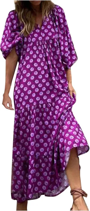V Neck Summer Casual Fashion Print Lace-Up Bubble 3/4 Sleeves Ruffle Stitching Big Swing Long Loose Maxi Dress