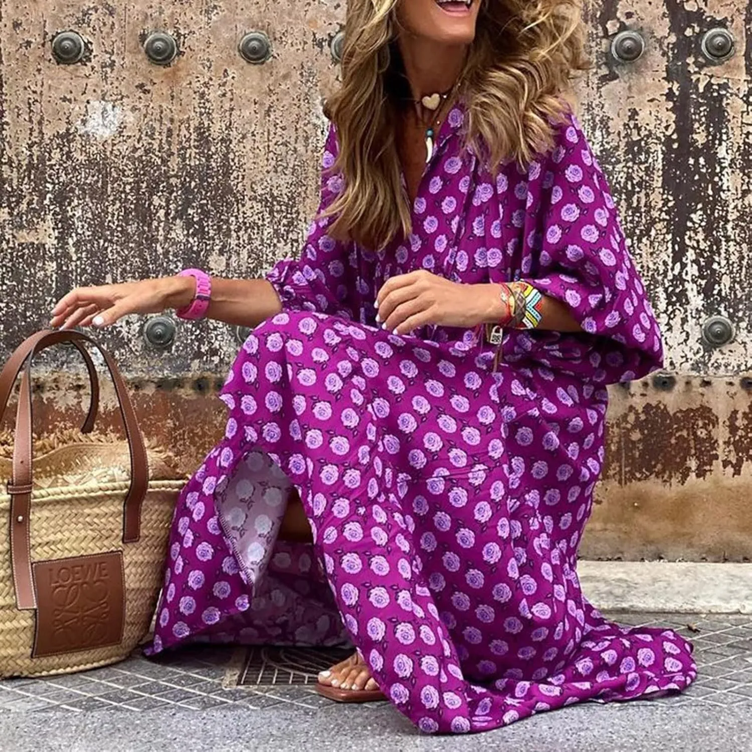 V Neck Summer Casual Fashion Print Lace-Up Bubble 3/4 Sleeves Ruffle Stitching Big Swing Long Loose Maxi Dress