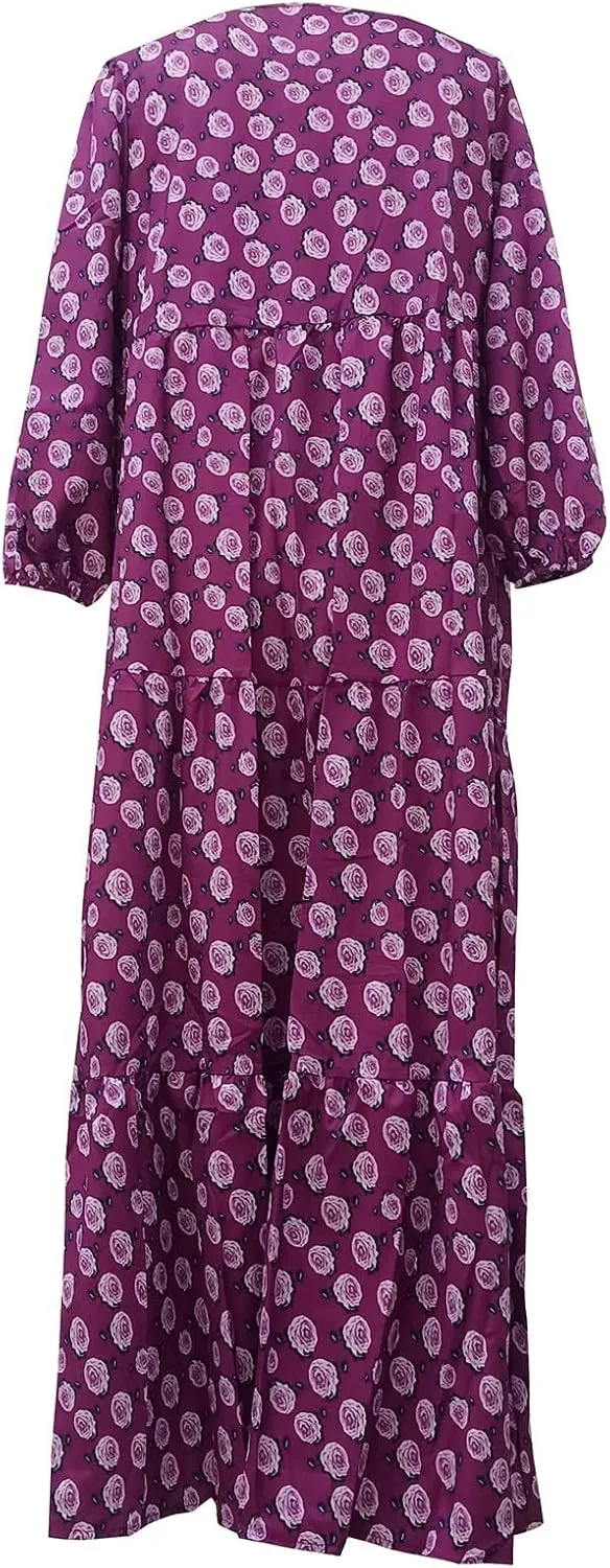 V Neck Summer Casual Fashion Print Lace-Up Bubble 3/4 Sleeves Ruffle Stitching Big Swing Long Loose Maxi Dress