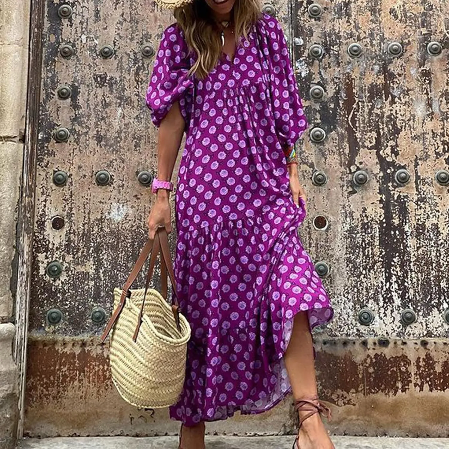 V Neck Summer Casual Fashion Print Lace-Up Bubble 3/4 Sleeves Ruffle Stitching Big Swing Long Loose Maxi Dress