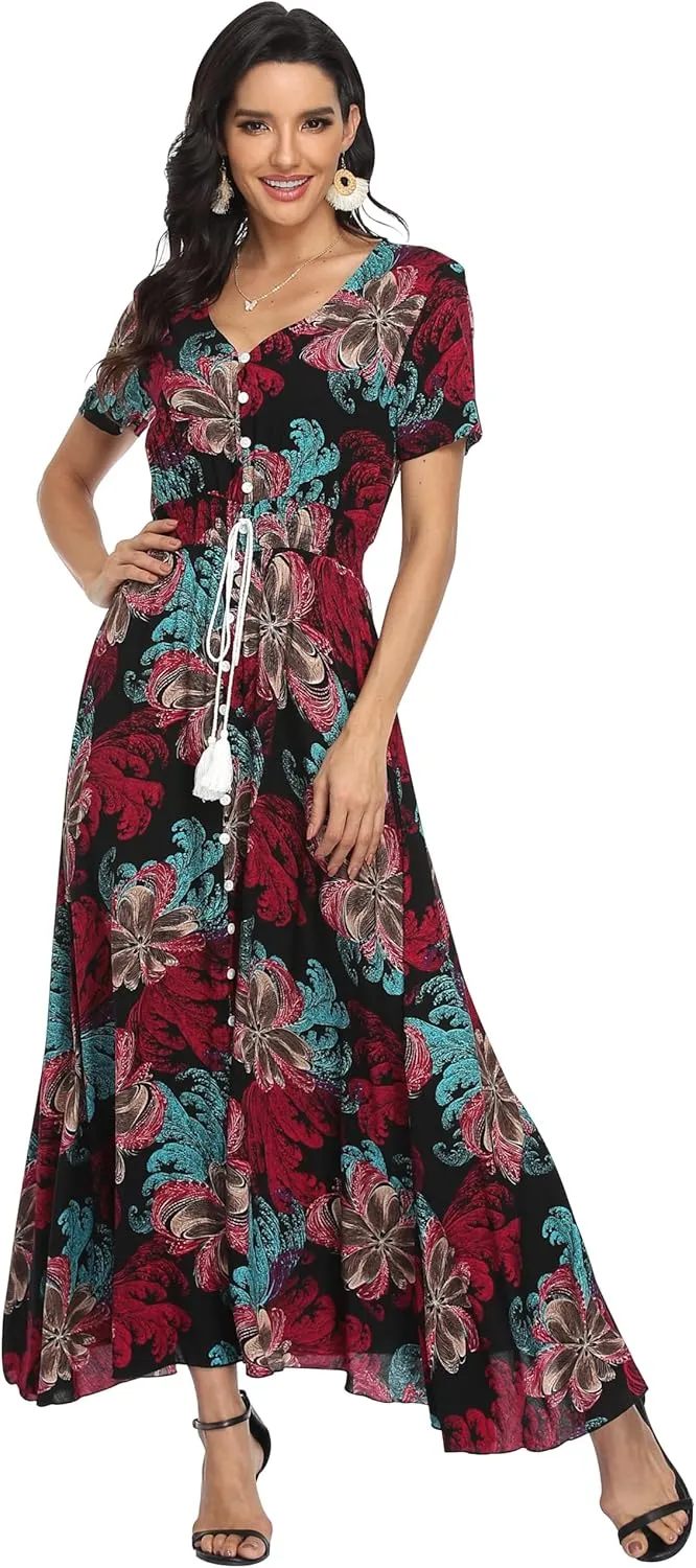VintageClothing Women's Floral Maxi Dresses Boho Button Up Split Summer Casual Long Dress Beach Party Dress
