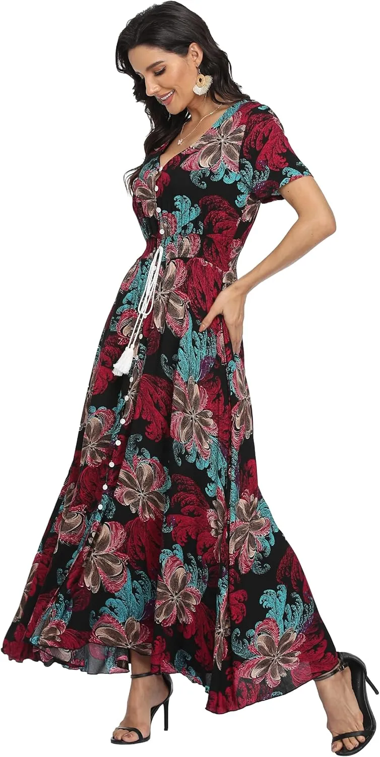 VintageClothing Women's Floral Maxi Dresses Boho Button Up Split Summer Casual Long Dress Beach Party Dress