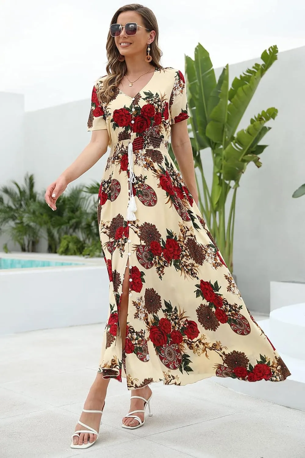 VintageClothing Women's Floral Maxi Dresses Boho Button Up Split Summer Casual Long Dress Beach Party Dress