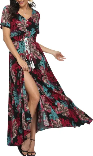 VintageClothing Women's Floral Maxi Dresses Boho Button Up Split Summer Casual Long Dress Beach Party Dress
