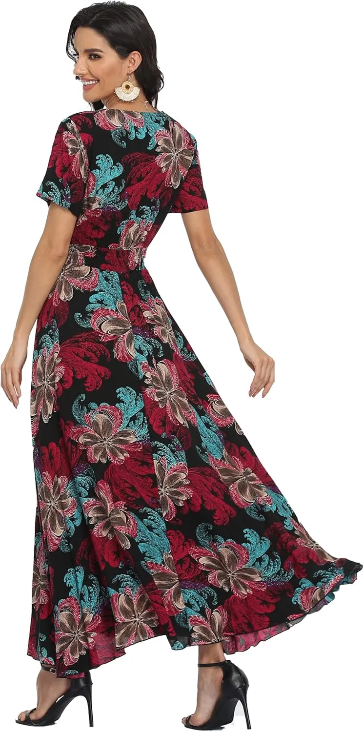 VintageClothing Women's Floral Maxi Dresses Boho Button Up Split Summer Casual Long Dress Beach Party Dress