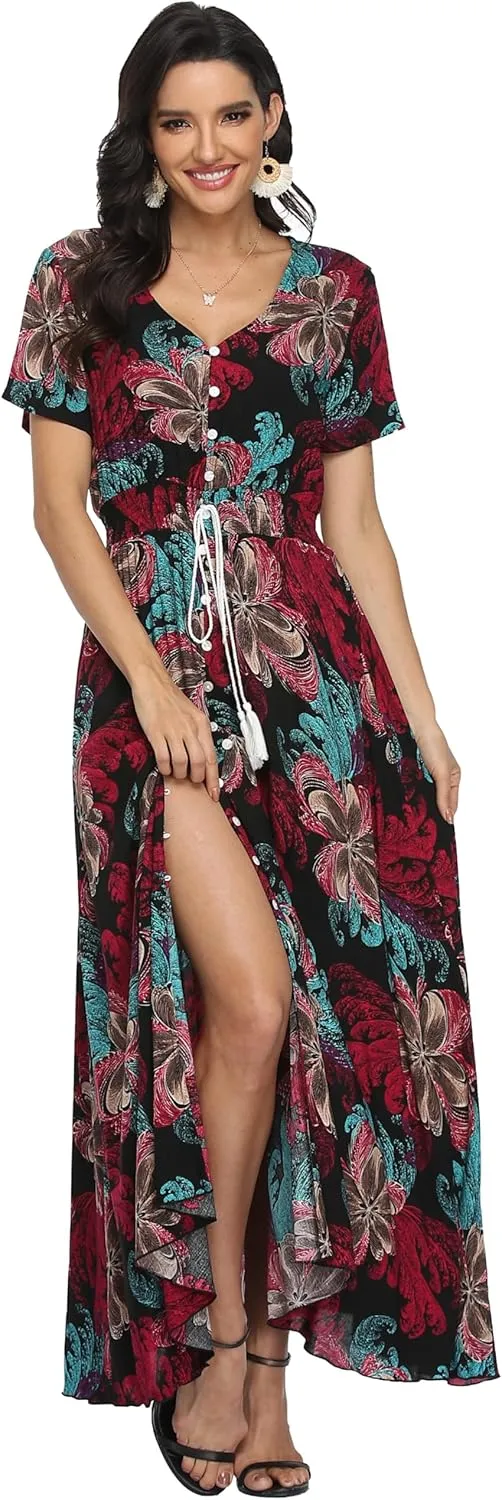 VintageClothing Women's Floral Maxi Dresses Boho Button Up Split Summer Casual Long Dress Beach Party Dress