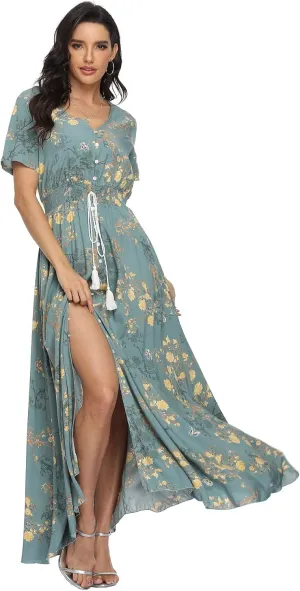 VintageClothing Women's Floral Maxi Dresses Boho Button Up Split Summer Casual Long Dress Beach Party Dress