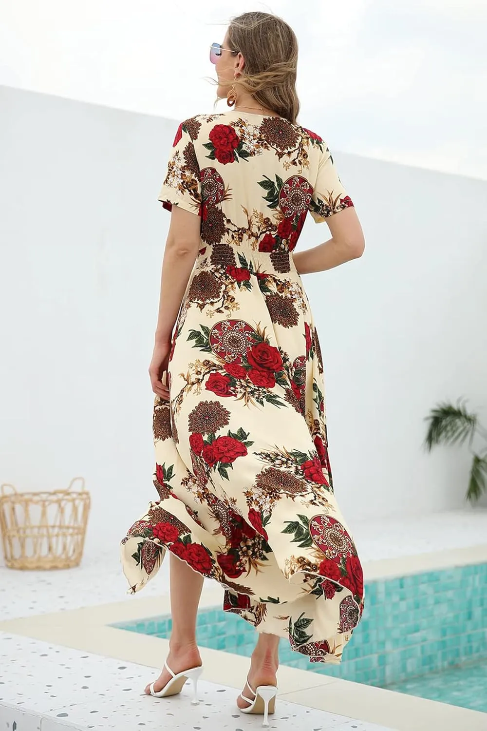 VintageClothing Women's Floral Maxi Dresses Boho Button Up Split Summer Casual Long Dress Beach Party Dress