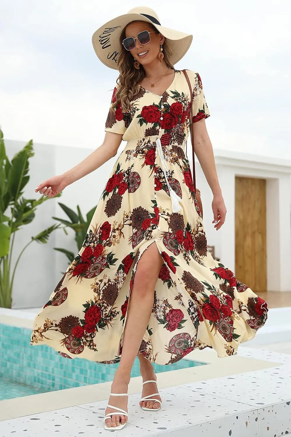 VintageClothing Women's Floral Maxi Dresses Boho Button Up Split Summer Casual Long Dress Beach Party Dress