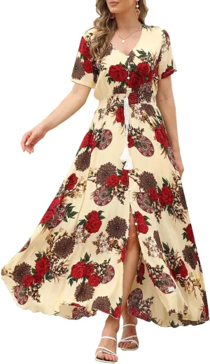 VintageClothing Women's Floral Maxi Dresses Boho Button Up Split Summer Casual Long Dress Beach Party Dress