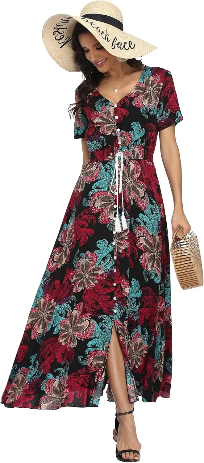 VintageClothing Women's Floral Maxi Dresses Boho Button Up Split Summer Casual Long Dress Beach Party Dress
