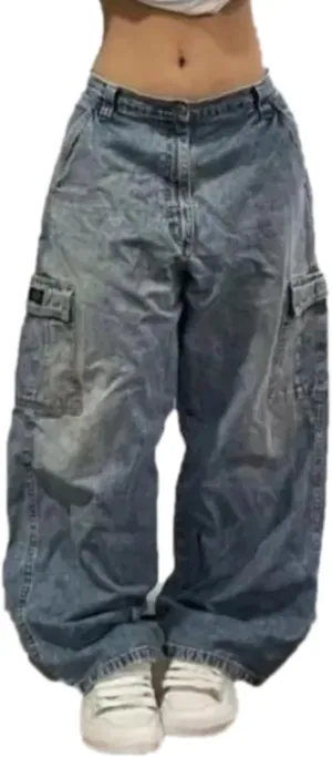 Washed Multi-Pocket Baggy Jeans Women Y2K Street Popular Gothic High Waist Wide-Leg Trousers