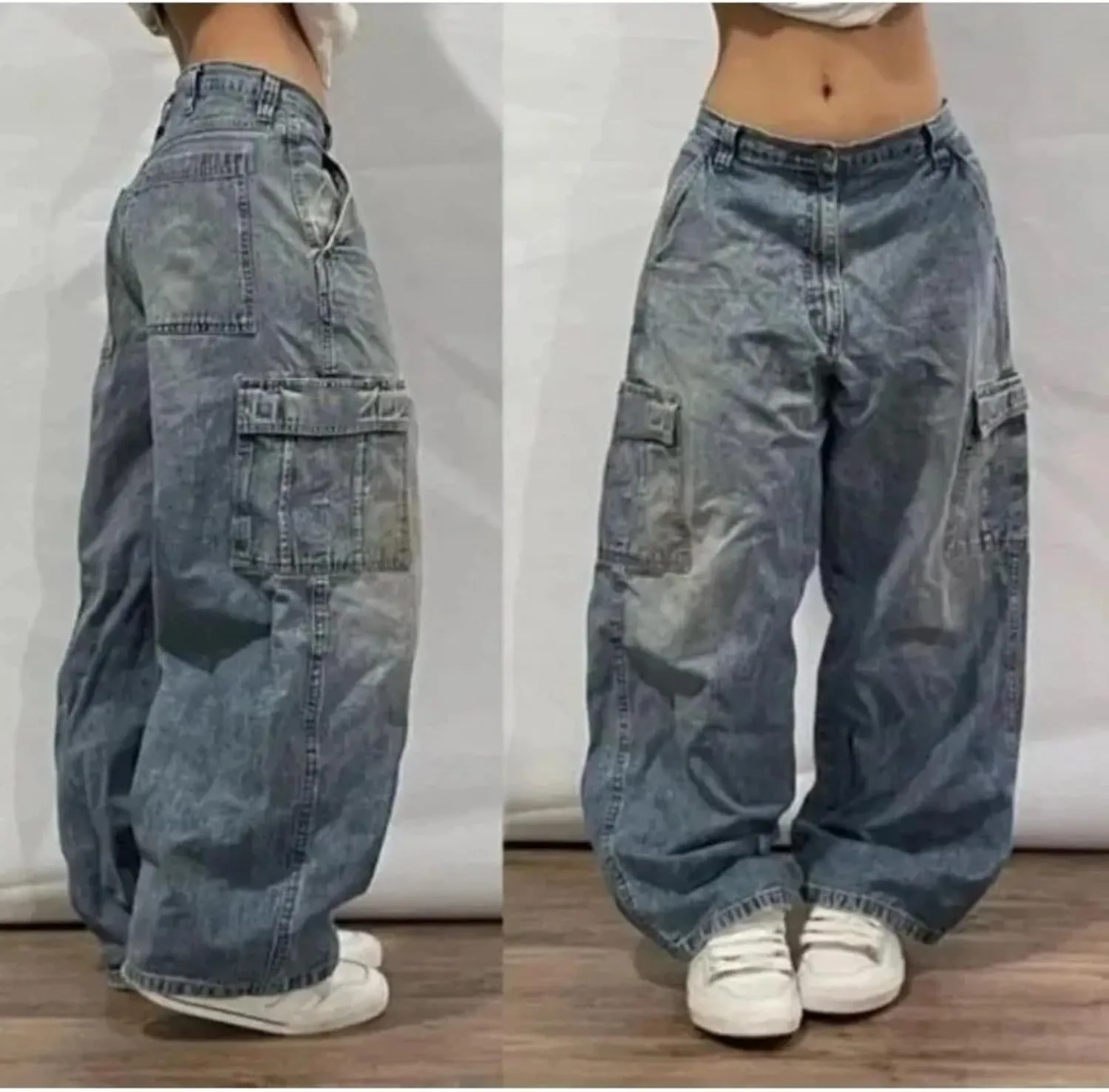 Washed Multi-Pocket Baggy Jeans Women Y2K Street Popular Gothic High Waist Wide-Leg Trousers
