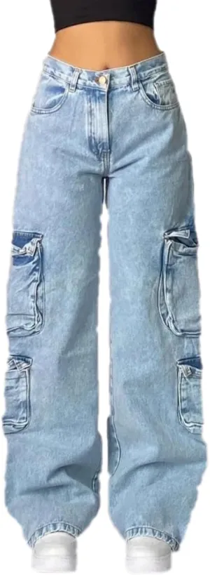 Washed Multi-Pocket Baggy Jeans Women Y2K Street Popular Gothic High Waist Wide-Leg Trousers