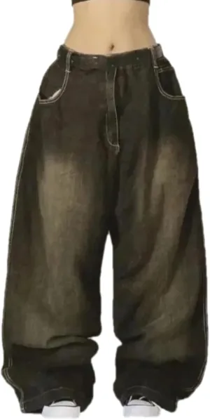 Washed Multi-Pocket Baggy Jeans Women Y2K Street Popular Gothic High Waist Wide-Leg Trousers