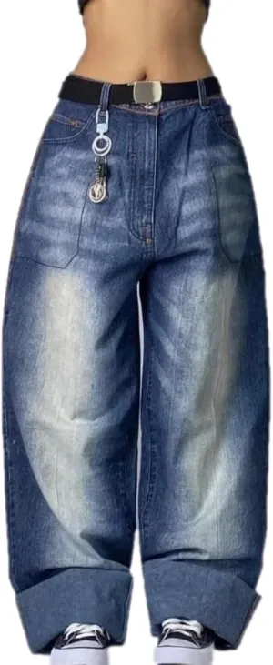 Washed Multi-Pocket Baggy Jeans Women Y2K Street Popular Gothic High Waist Wide-Leg Trousers
