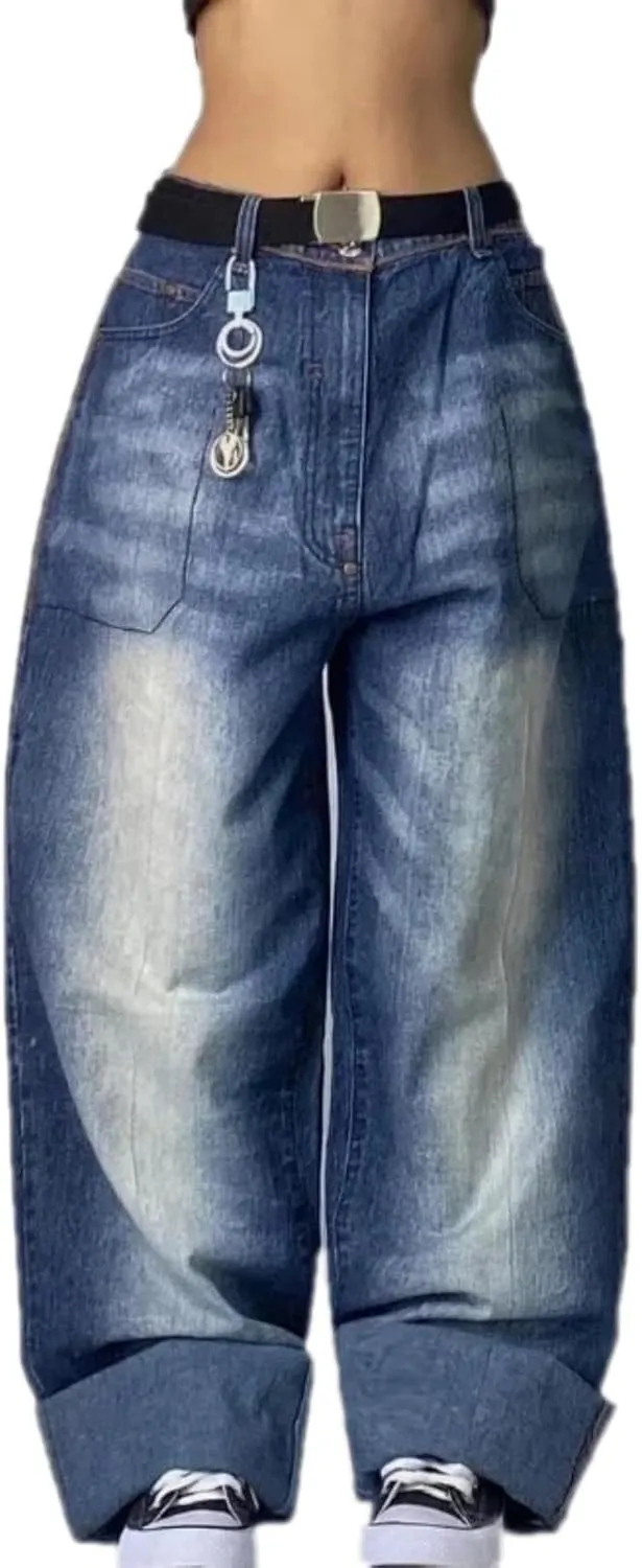 Washed Multi-Pocket Baggy Jeans Women Y2K Street Popular Gothic High Waist Wide-Leg Trousers