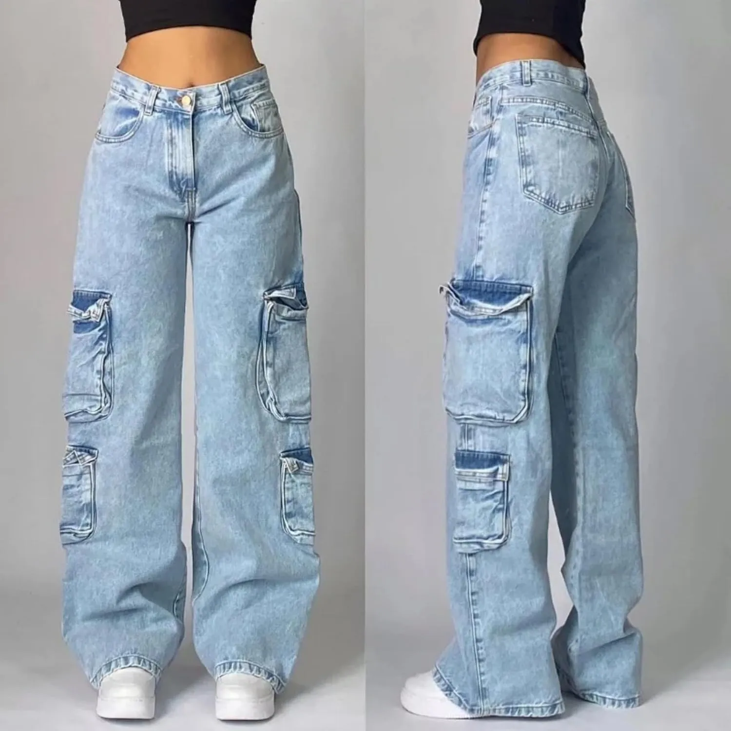 Washed Multi-Pocket Baggy Jeans Women Y2K Street Popular Gothic High Waist Wide-Leg Trousers
