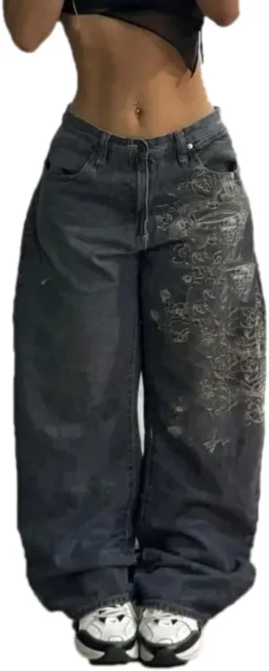 Washed Multi-Pocket Baggy Jeans Women Y2K Street Popular Gothic High Waist Wide-Leg Trousers