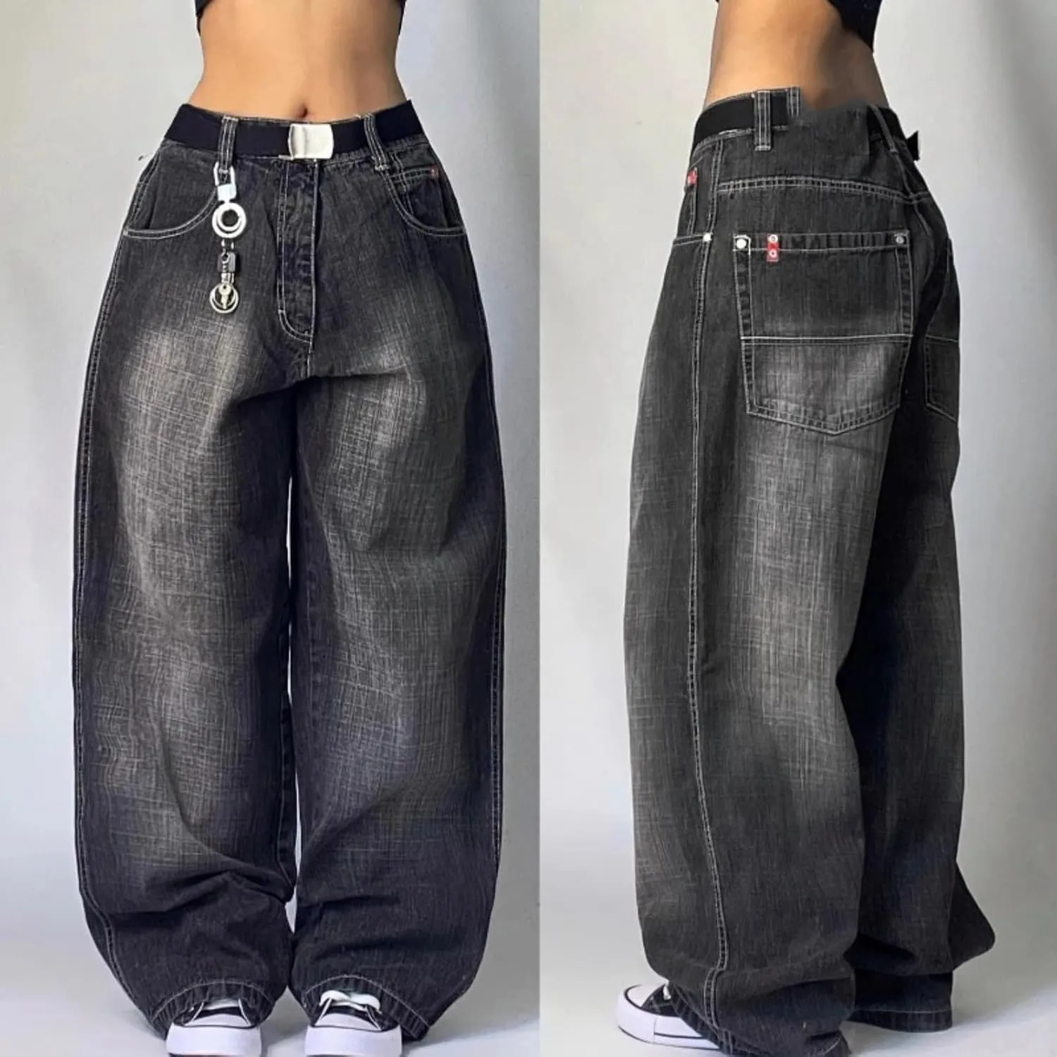 Washed Multi-Pocket Baggy Jeans Women Y2K Street Popular Gothic High Waist Wide-Leg Trousers