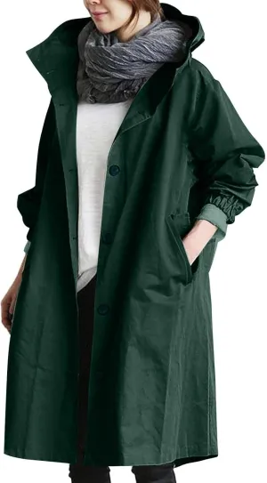Women Hooded Trench Loose Lightweight Oversized Windproof Rain Jacket Casual Button Long Sleeve Outwear with Pockets