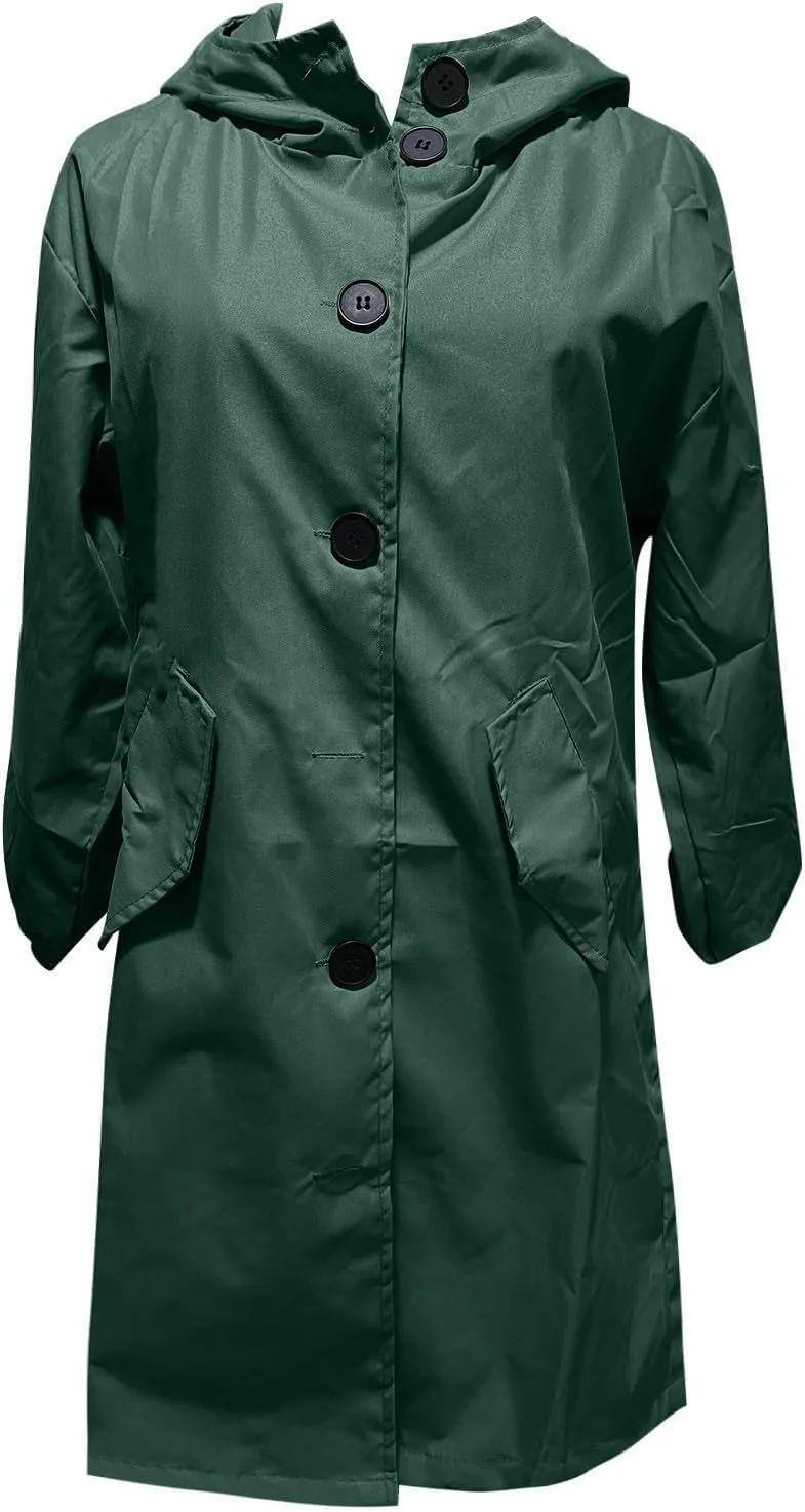 Women Hooded Trench Loose Lightweight Oversized Windproof Rain Jacket Casual Button Long Sleeve Outwear with Pockets