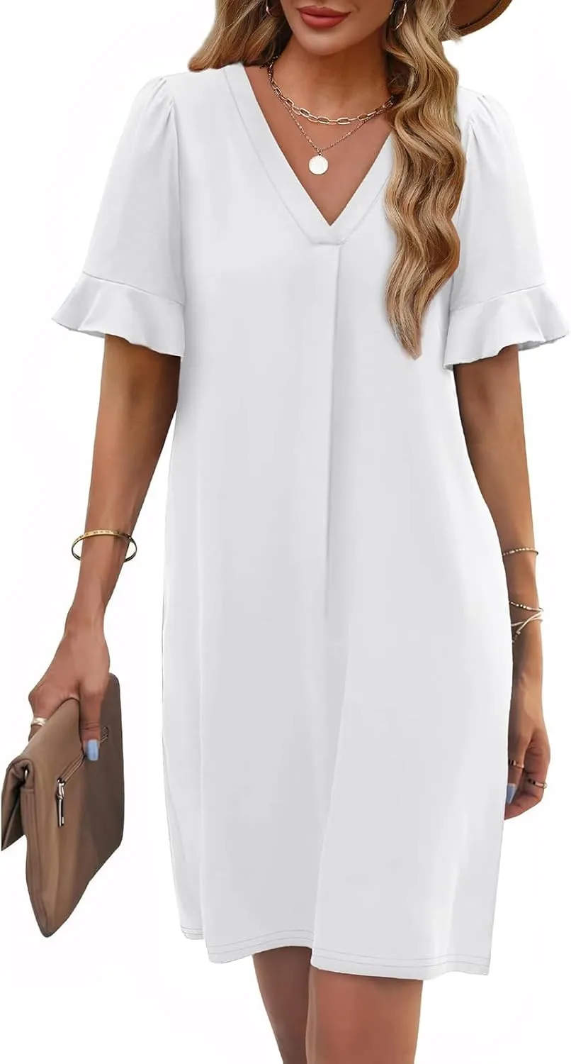 Women Ruffle Short Sleeve Mini Dress Summer V Neck Pleated Dresses Dressy Casual Business Short Dresses with Pocket
