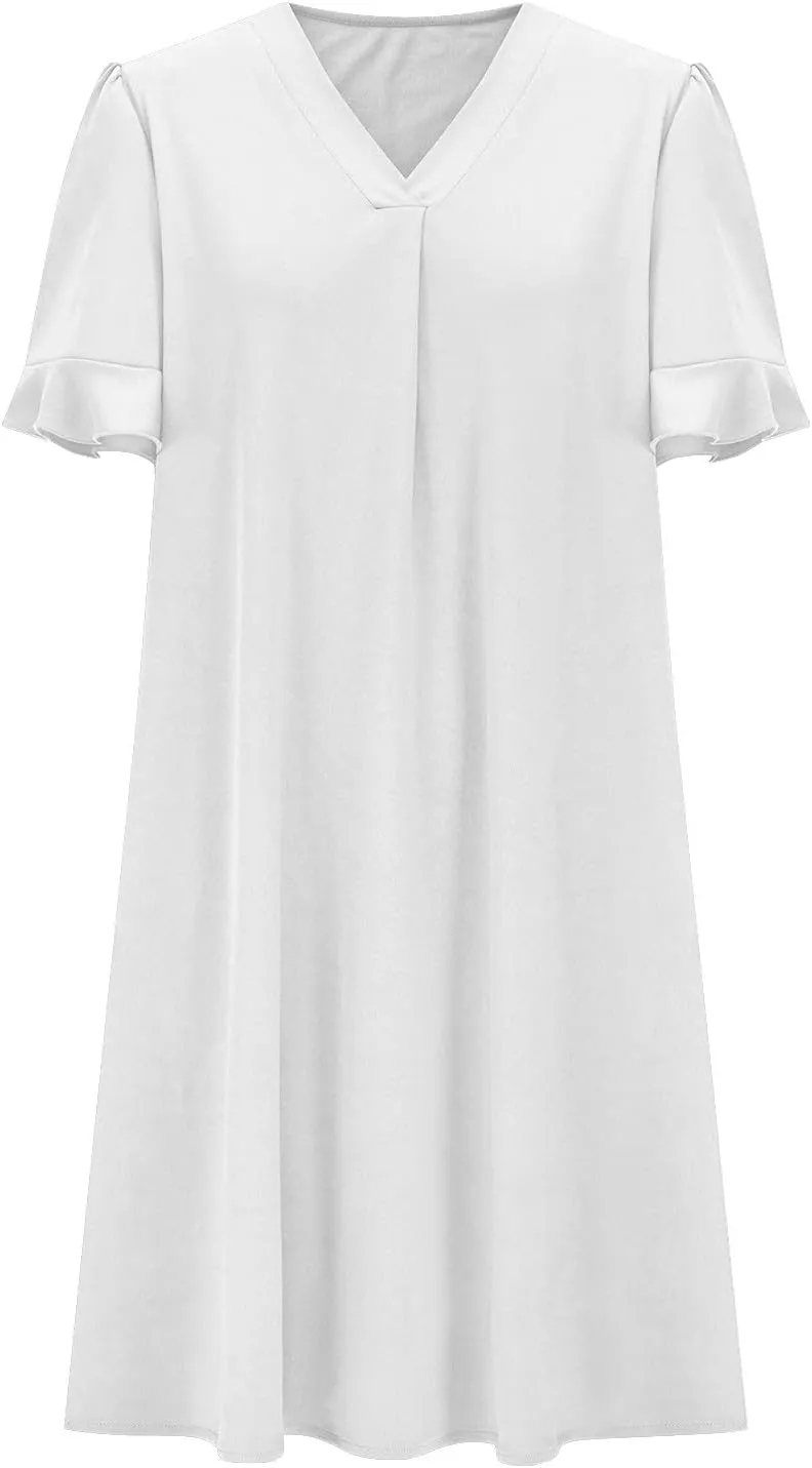 Women Ruffle Short Sleeve Mini Dress Summer V Neck Pleated Dresses Dressy Casual Business Short Dresses with Pocket