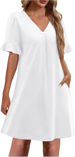 Women Ruffle Short Sleeve Mini Dress Summer V Neck Pleated Dresses Dressy Casual Business Short Dresses with Pocket