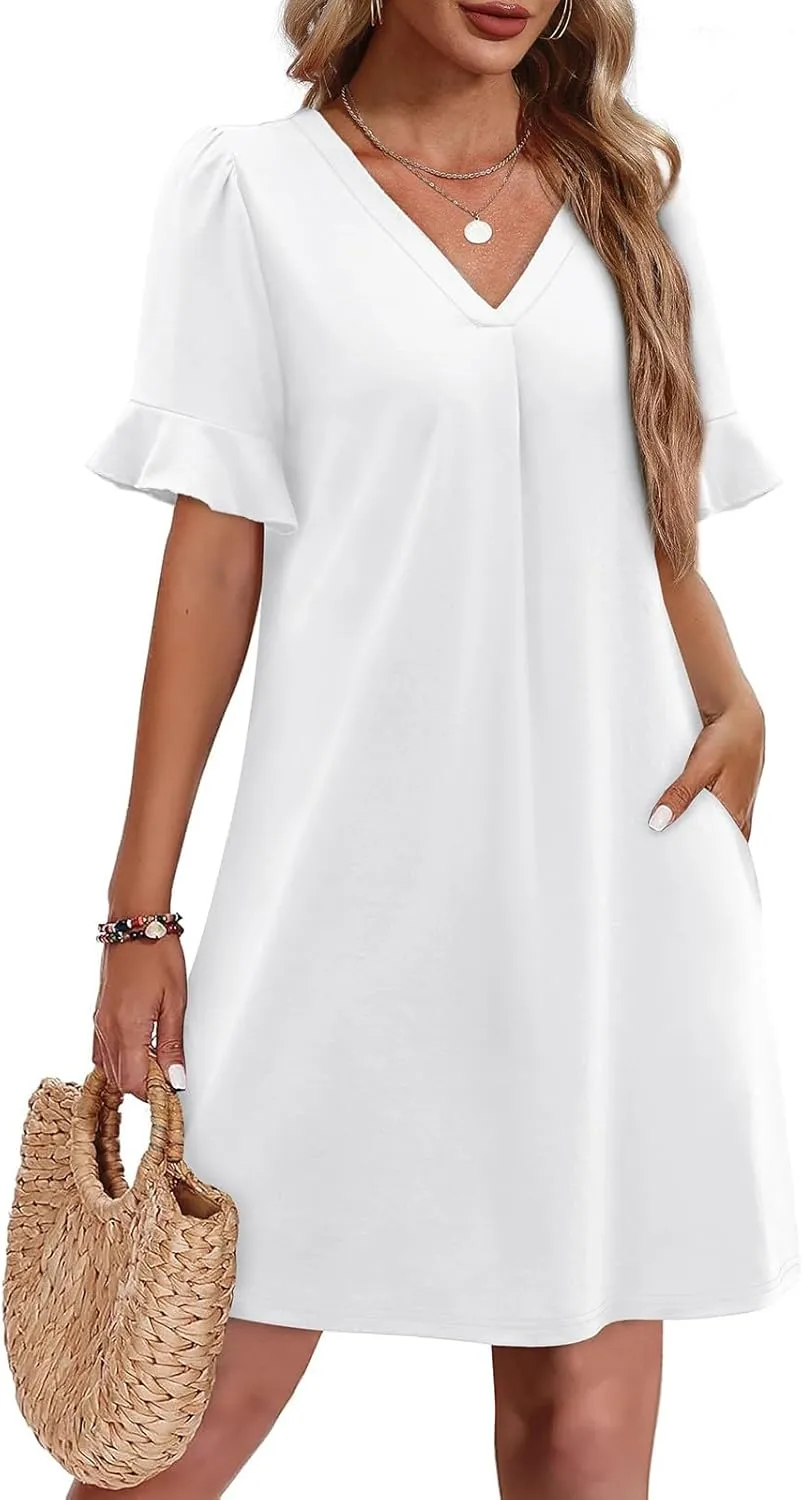 Women Ruffle Short Sleeve Mini Dress Summer V Neck Pleated Dresses Dressy Casual Business Short Dresses with Pocket