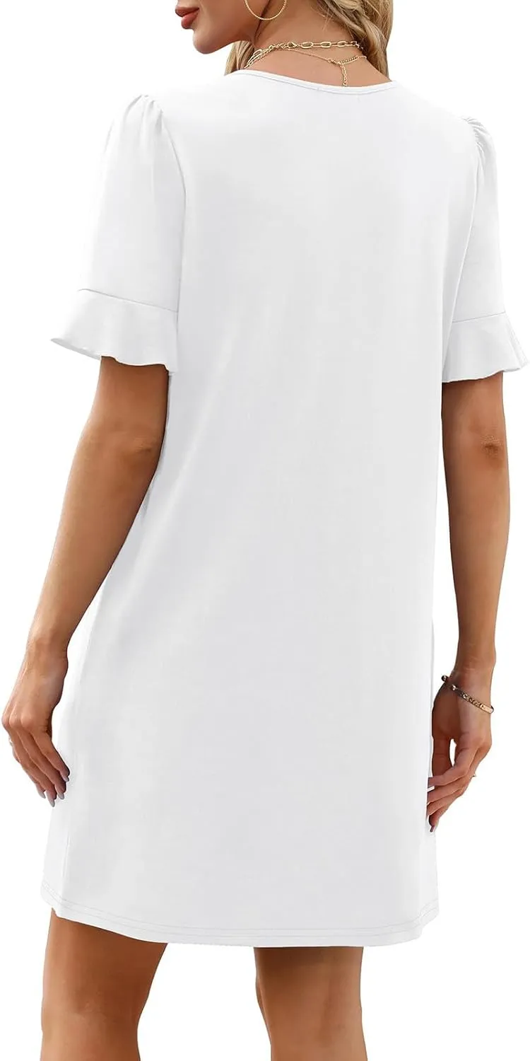 Women Ruffle Short Sleeve Mini Dress Summer V Neck Pleated Dresses Dressy Casual Business Short Dresses with Pocket