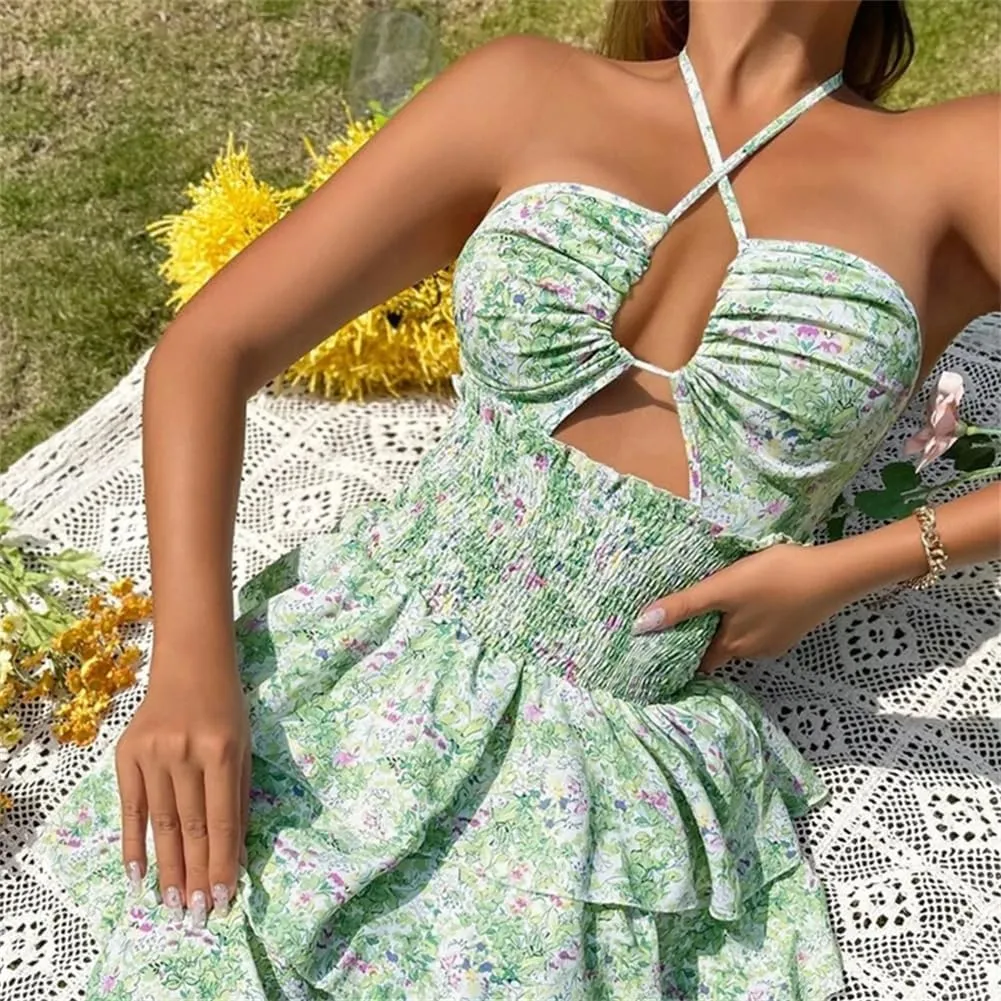 Women Strapless Lace Up Ruffle Dress Floral Print Beach Dress Backless Hollow A Line Mini Dress