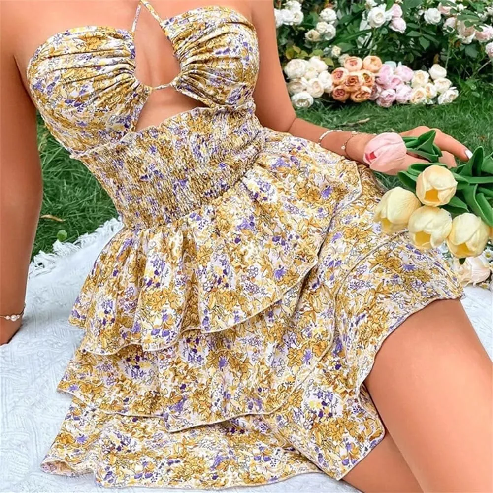 Women Strapless Lace Up Ruffle Dress Floral Print Beach Dress Backless Hollow A Line Mini Dress