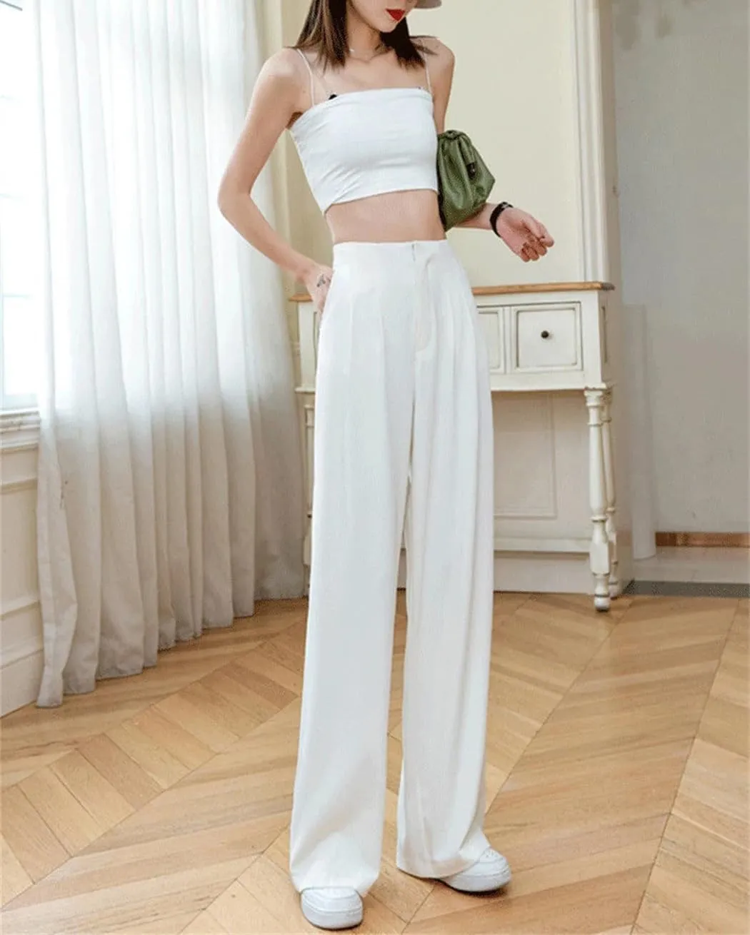 Women Summer Soft High Waist Wide-Leg Pants Casual Thin Suit Trousers
