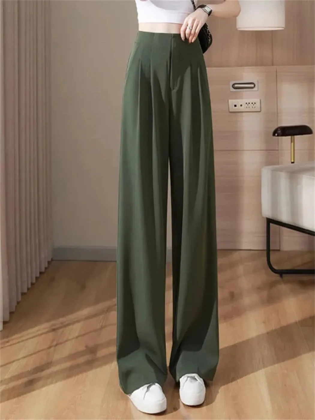 Women Summer Soft High Waist Wide-Leg Pants Casual Thin Suit Trousers