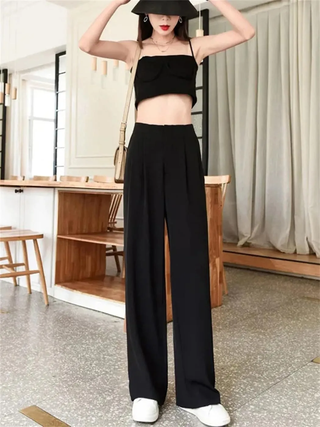 Women Summer Soft High Waist Wide-Leg Pants Casual Thin Suit Trousers