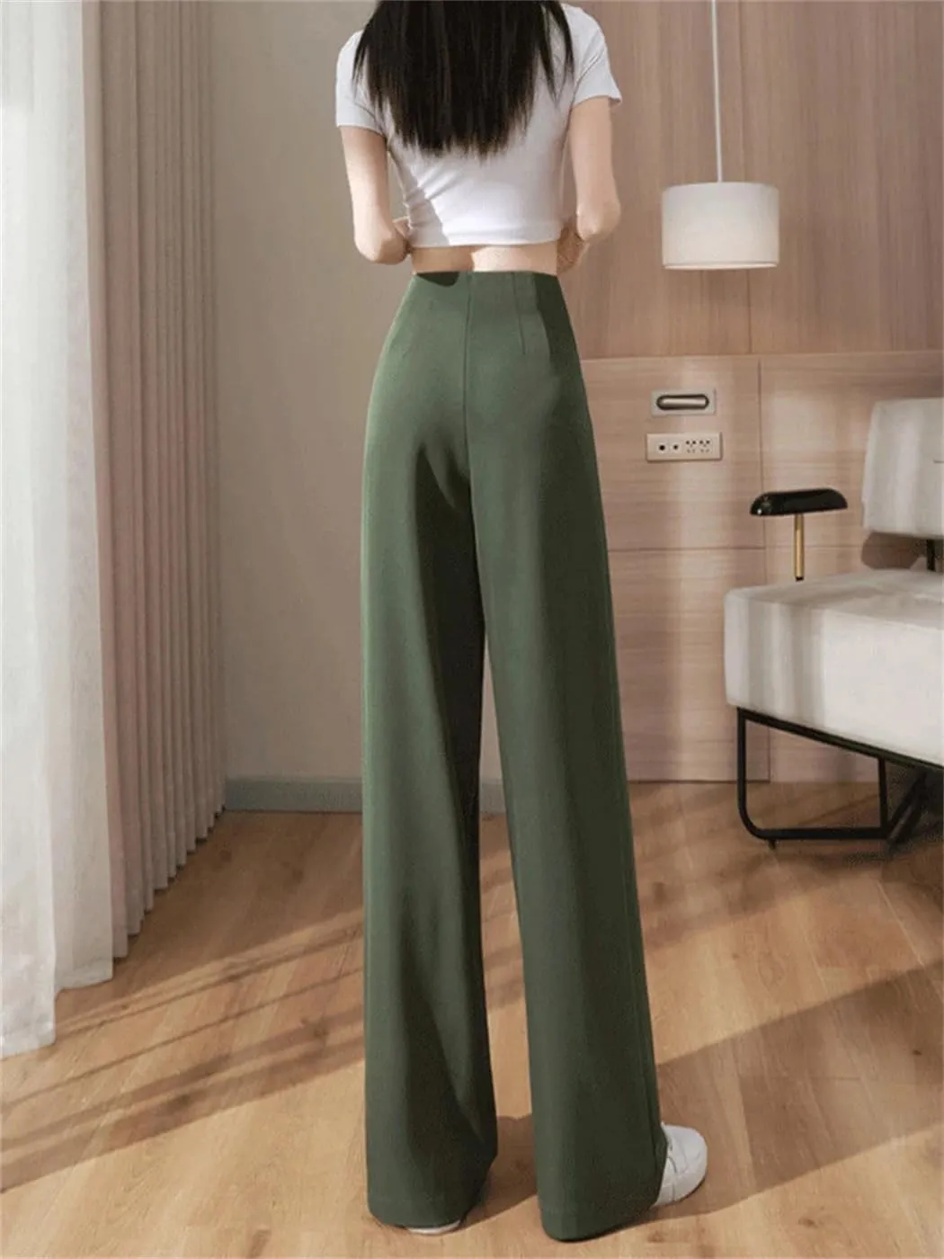 Women Summer Soft High Waist Wide-Leg Pants Casual Thin Suit Trousers