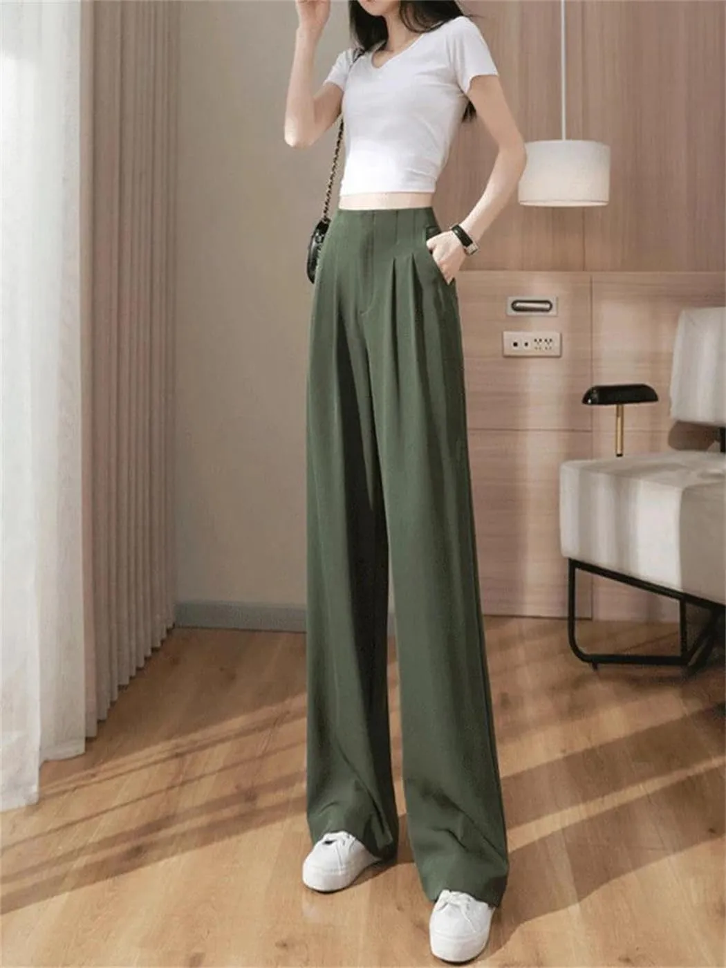 Women Summer Soft High Waist Wide-Leg Pants Casual Thin Suit Trousers