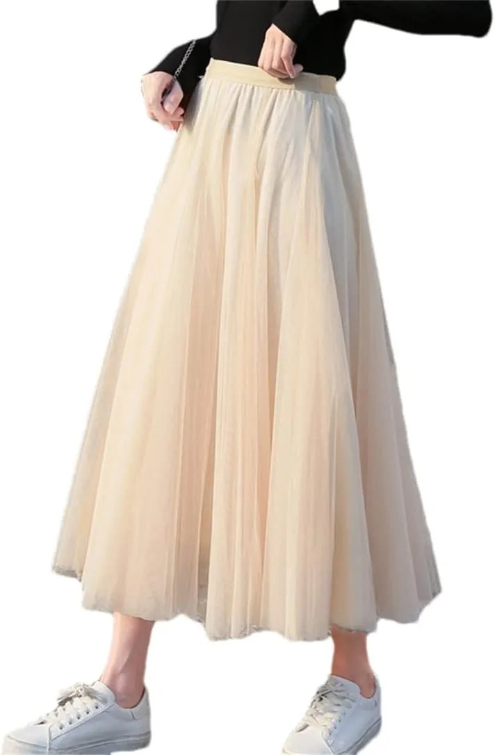 Women Tulle Pleated Skirt Party Midi Mesh Skirt