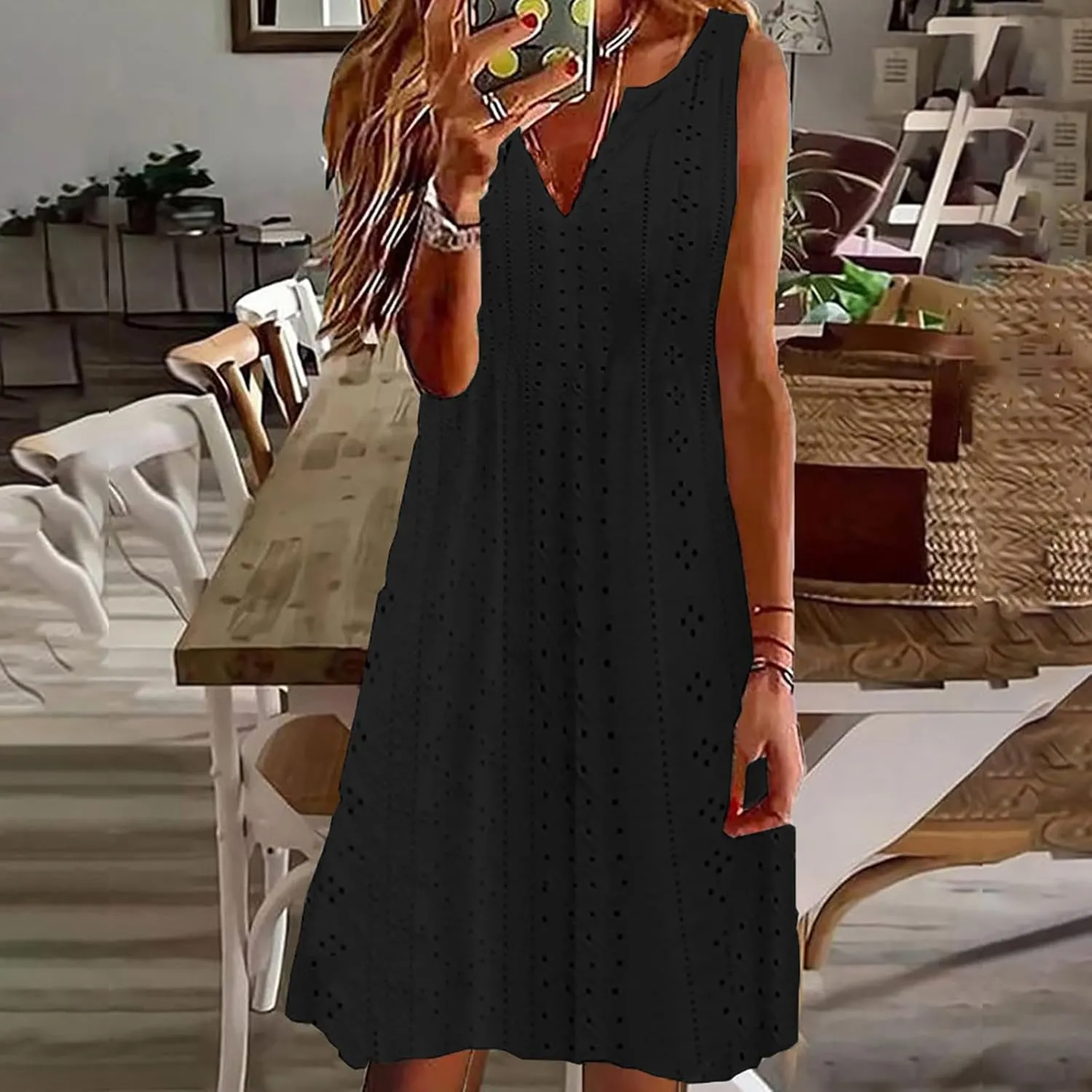 Women V Neck Sleeveless Sundresses Simple Solid Color Knee Length Dresses Casual Fashion Beach Dress