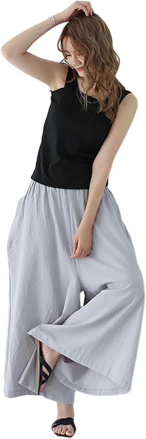 Women Wide Leg Pants Cotton Lightweight Palazzo Yoga Pant with Elastic Waist