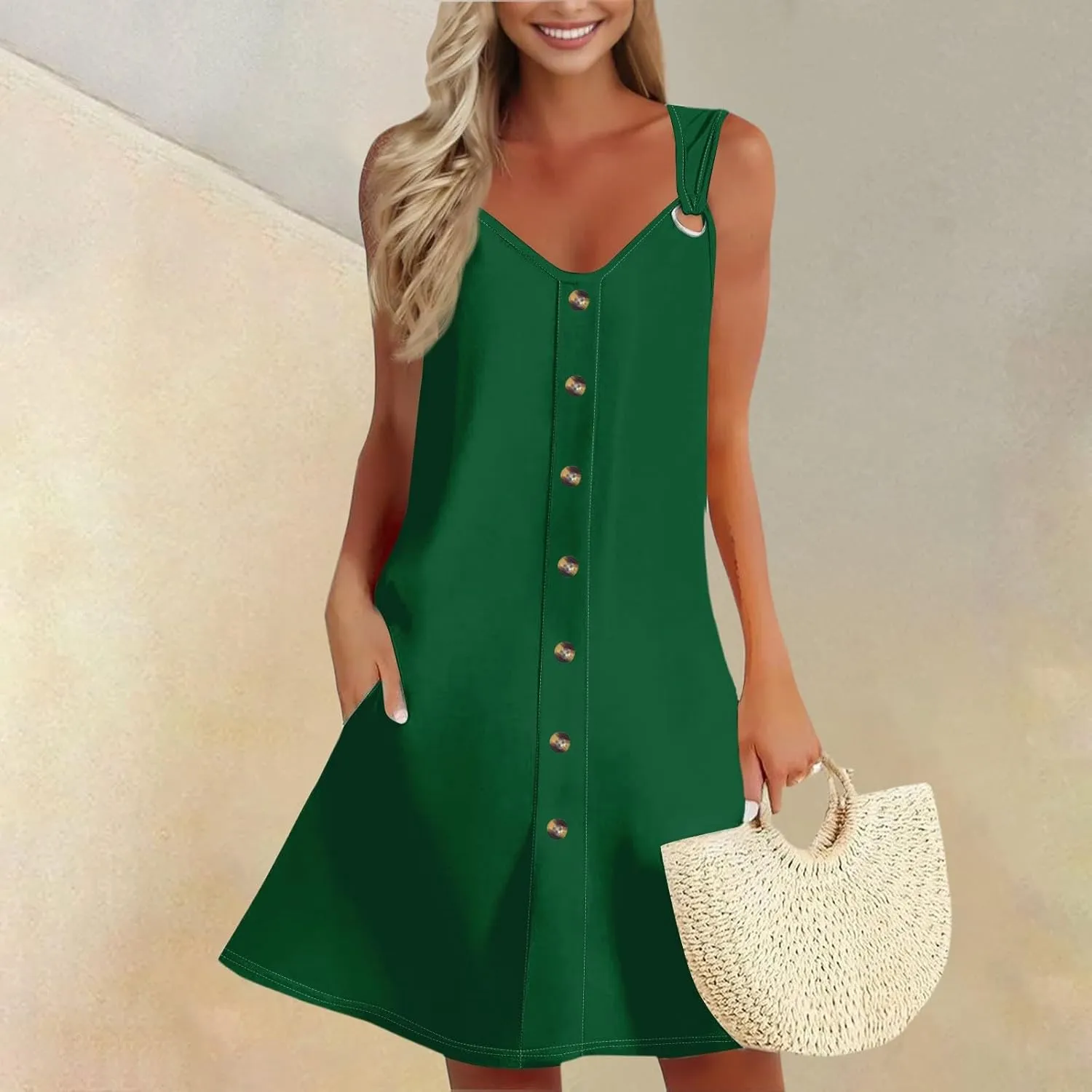 Women's Boho Summer Dresses 2025 Solid V Neck Button Down Sleeveless Tank Sundress with Pockets Mini Dresses, S-3XL