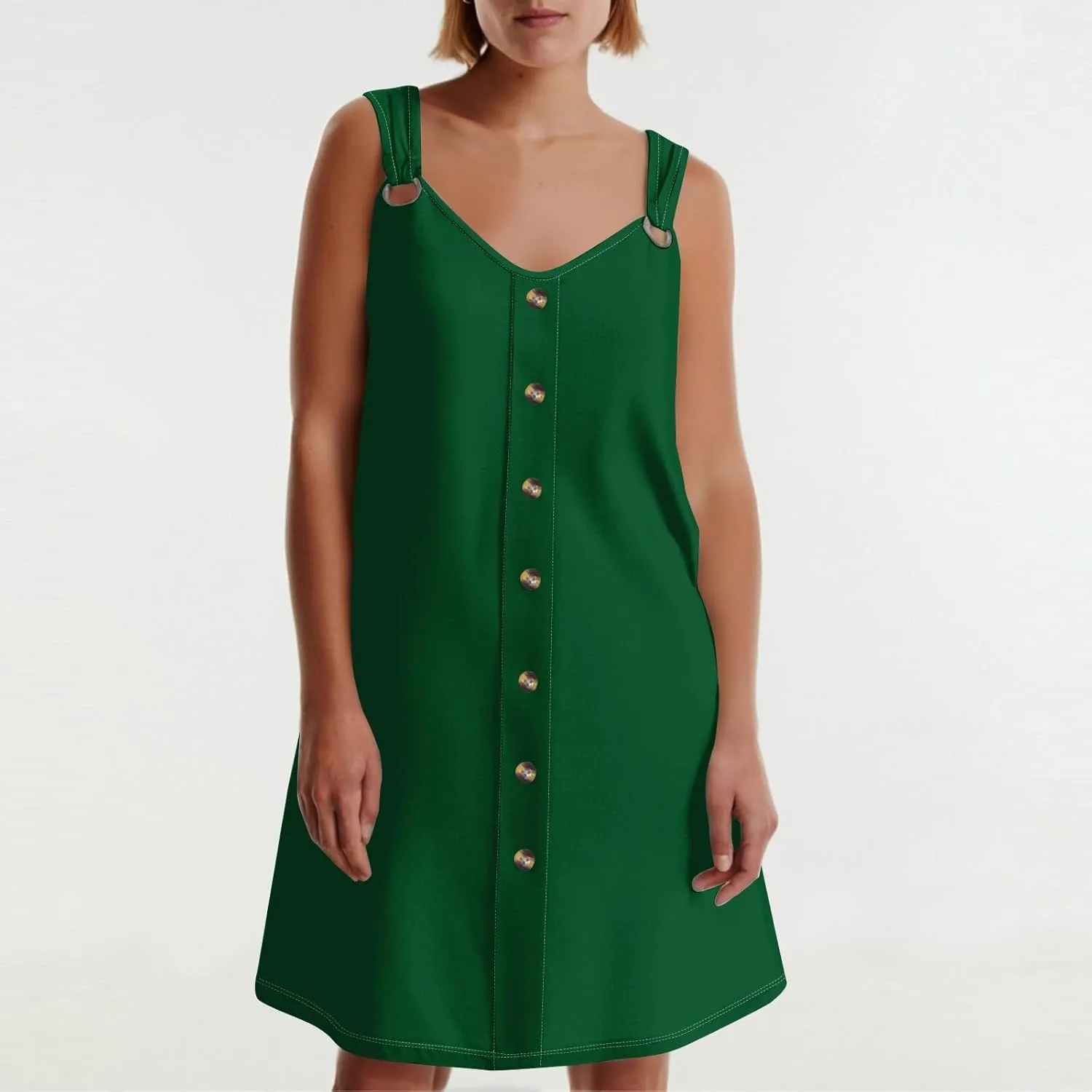 Women's Boho Summer Dresses 2025 Solid V Neck Button Down Sleeveless Tank Sundress with Pockets Mini Dresses, S-3XL