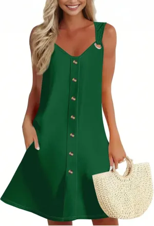 Women's Boho Summer Dresses 2025 Solid V Neck Button Down Sleeveless Tank Sundress with Pockets Mini Dresses, S-3XL