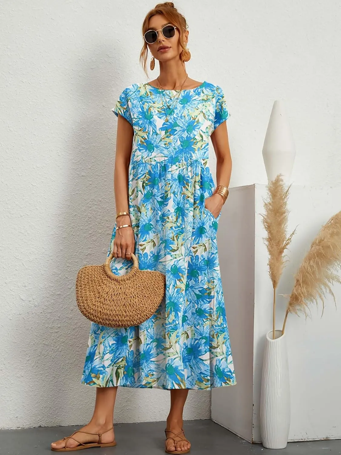 Womens Cotton Linen Boho Floral Maxi Dress Summer Short Sleeve Beach Vacation Flowy Long Dresses with Pockets