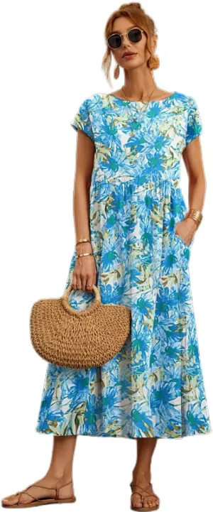Womens Cotton Linen Boho Floral Maxi Dress Summer Short Sleeve Beach Vacation Flowy Long Dresses with Pockets