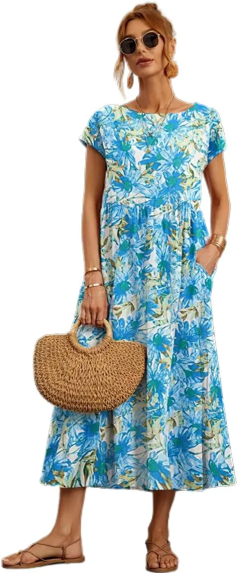 Womens Cotton Linen Boho Floral Maxi Dress Summer Short Sleeve Beach Vacation Flowy Long Dresses with Pockets